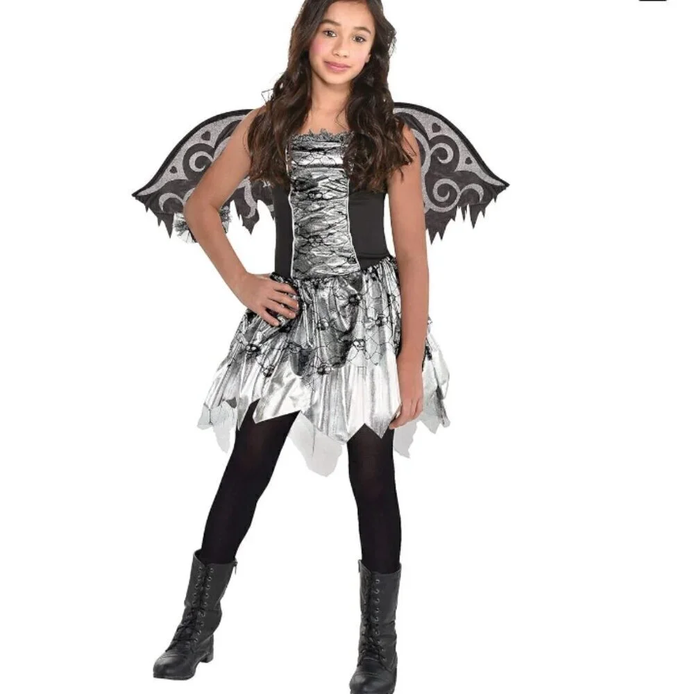 COSTUMES USA Black Silver Fallen Angel Dark Fairy Princess Wings Halo Dress XL